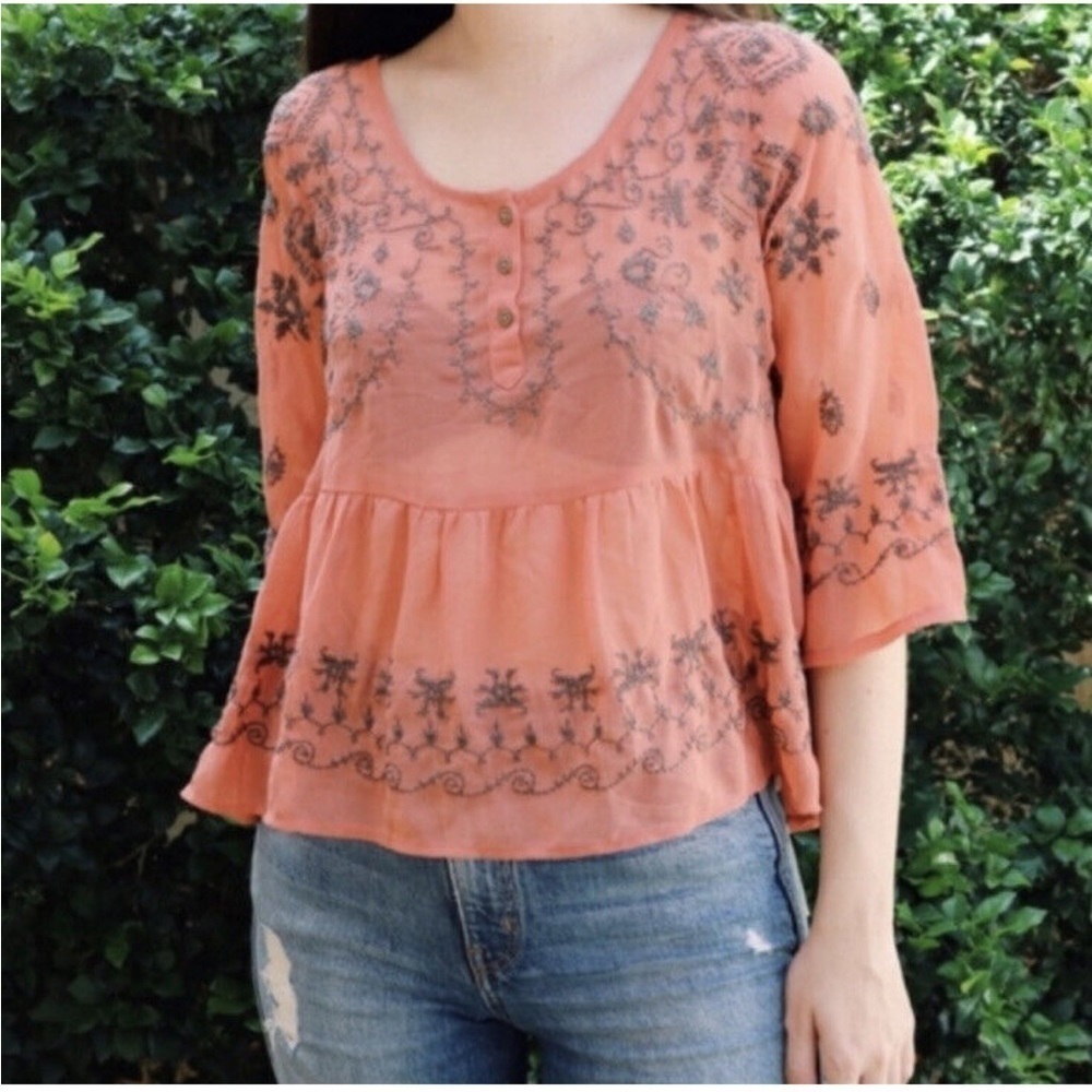 Free People Pennies Sequel Embroidered Peasant Semi-Sheer Blouse Sz M - Picture 2 of 12